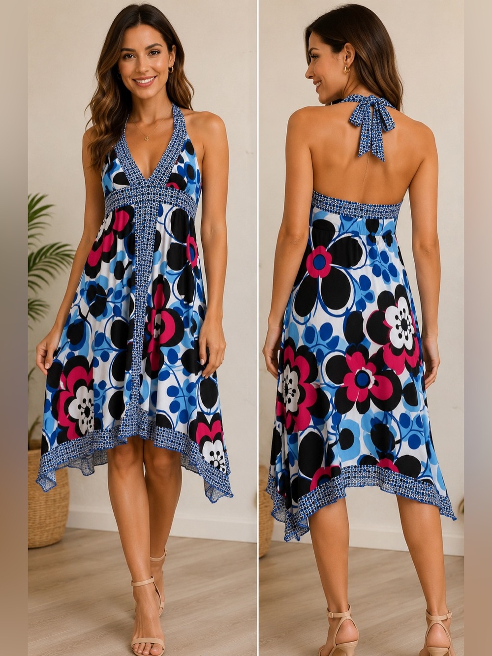 Candie's Retro Halter Floral Print Midi Dress in Blue and Pink Geometric Trim